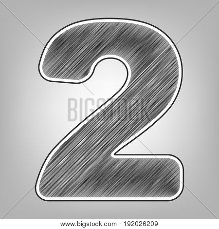 Number 2 sign design template elements. Vector. Pencil sketch imitation. Dark gray scribble icon with dark gray outer contour at gray background.