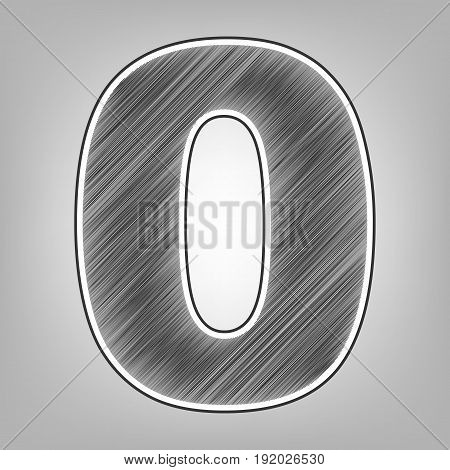 Number 0 sign design template element. Vector. Pencil sketch imitation. Dark gray scribble icon with dark gray outer contour at gray background.