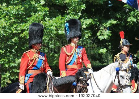 Trooping the colour London UK - June 17 2017; Prince William Prince charles and Princess Anne in Trooping the colour parade on horse back in uniform