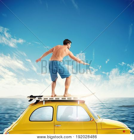 Old yellow car with a surfing boy over the roof. 3D rendering