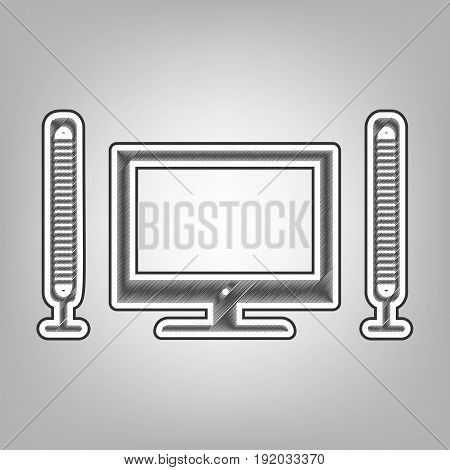 Home theater sign. Vector. Pencil sketch imitation. Dark gray scribble icon with dark gray outer contour at gray background.