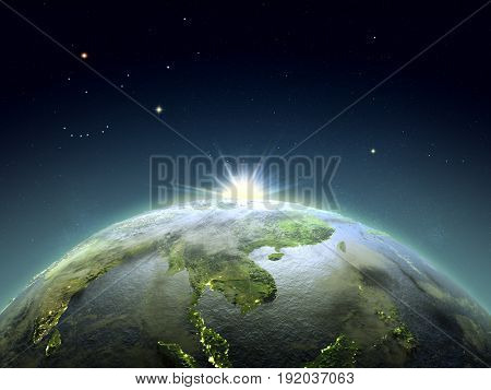 Indochina From Space In Sunrise