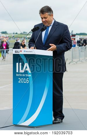 BERLIN GERMANY - JUNI 01 2016: Speech by Sigmar Gabriel Minister for Economic Affairs and Energy. Exhibition ILA Berlin Air Show 2016