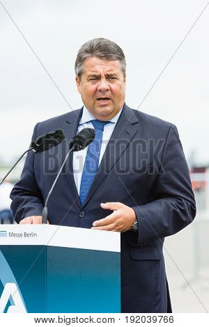 BERLIN GERMANY - JUNI 01 2016: Speech by Sigmar Gabriel Minister for Economic Affairs and Energy. Exhibition ILA Berlin Air Show 2016