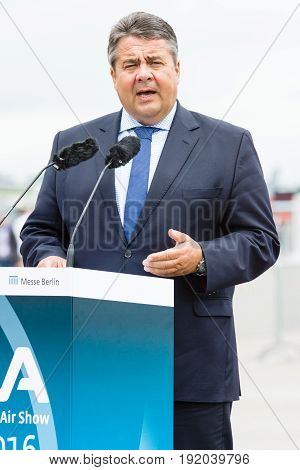 BERLIN GERMANY - JUNI 01 2016: Speech by Sigmar Gabriel Minister for Economic Affairs and Energy. Exhibition ILA Berlin Air Show 2016