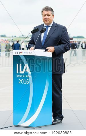 BERLIN GERMANY - JUNI 01 2016: Speech by Sigmar Gabriel Minister for Economic Affairs and Energy. Exhibition ILA Berlin Air Show 2016