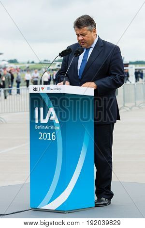 BERLIN GERMANY - JUNI 01 2016: Speech by Sigmar Gabriel Minister for Economic Affairs and Energy. Exhibition ILA Berlin Air Show 2016