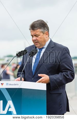 BERLIN GERMANY - JUNI 01 2016: Speech by Sigmar Gabriel Minister for Economic Affairs and Energy. Exhibition ILA Berlin Air Show 2016
