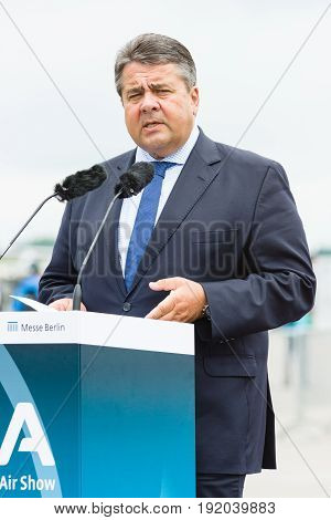BERLIN GERMANY - JUNI 01 2016: Speech by Sigmar Gabriel Minister for Economic Affairs and Energy. Exhibition ILA Berlin Air Show 2016