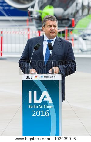 BERLIN GERMANY - JUNI 01 2016: Speech by Sigmar Gabriel Minister for Economic Affairs and Energy. Exhibition ILA Berlin Air Show 2016
