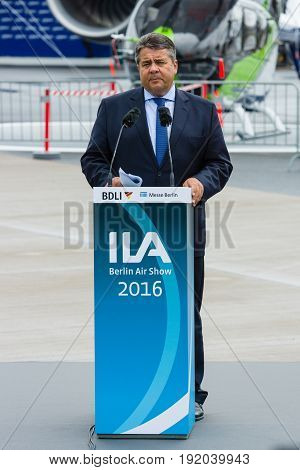 BERLIN GERMANY - JUNI 01 2016: Speech by Sigmar Gabriel Minister for Economic Affairs and Energy. Exhibition ILA Berlin Air Show 2016