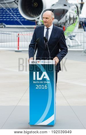 BERLIN GERMANY - JUNI 01 2016: Speech by Dietmar Woidke Minister President of Brandenburg. Exhibition ILA Berlin Air Show 2016