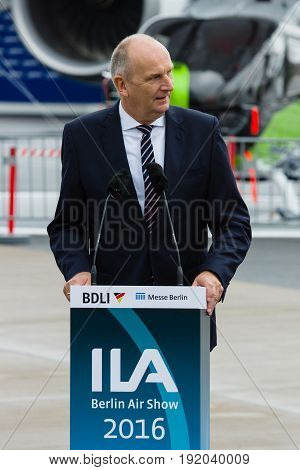 BERLIN GERMANY - JUNI 01 2016: Speech by Dietmar Woidke Minister President of Brandenburg. Exhibition ILA Berlin Air Show 2016