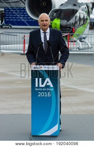 BERLIN GERMANY - JUNI 01 2016: Speech by Dietmar Woidke Minister President of Brandenburg. Exhibition ILA Berlin Air Show 2016