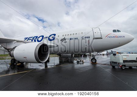 BERLIN GERMANY - JUNE 01 2016: The aircraft to simulate the effects zero gravity Airbus A310 ZERO-G. Exhibition ILA Berlin Air Show 2016
