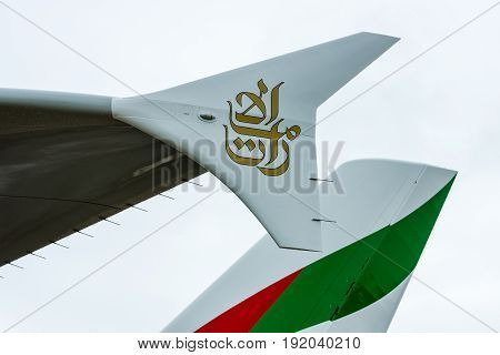BERLIN GERMANY - JUNE 01 2016: Detail of passenger jet Airbus A380 in the original colors of Emirates Airlines. Exhibition ILA Berlin Air Show 2016