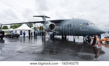 BERLIN GERMANY - JUNE 01 2016: Military transport aircraft Antonov An-178. Exhibition ILA Berlin Air Show 2016