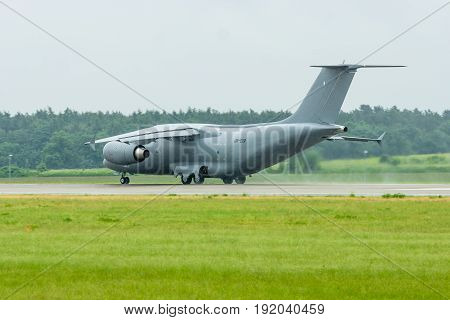 BERLIN GERMANY - JUNE 01 2016: Preparing for takeoff military transport aircraft Antonov An-178. Exhibition ILA Berlin Air Show 2016