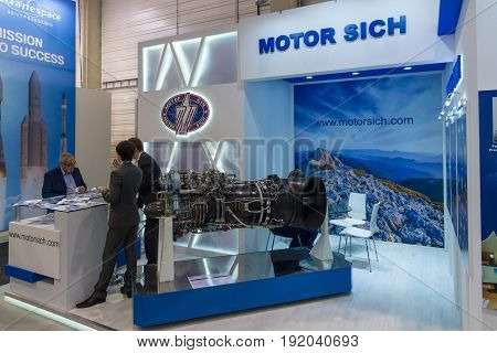 BERLIN GERMANY - JUNE 01 2016: The stand of company Motor Sich (Ukraine). Exhibition ILA Berlin Air Show 2016