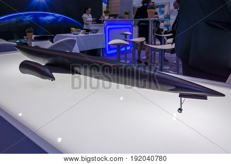 BERLIN GERMANY - JUNE 01 2016: The stand of company Bayern-Chemie (Germany) develops and produces solid fuel propulsion systems for tactical guided missiles. Exhibition ILA Berlin Air Show 2016