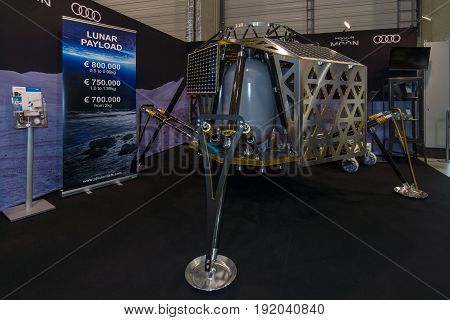 BERLIN GERMANY - JUNE 01 2016: The stand of PT Scientists. The model of the lunar module for scientific research. Exhibition ILA Berlin Air Show 2016.