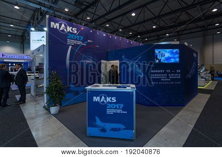 BERLIN GERMANY - JUNE 01 2016: Advertising Aviation and Space Salon MAKS 2017 in Moscow (Russia). Exhibition ILA Berlin Air Show 2016.