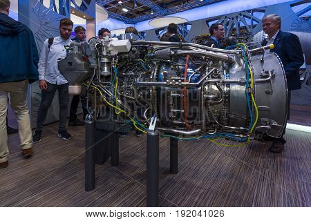 BERLIN GERMANY - JUNE 01 2016: The stand of MTU Aero Engines AG is a German aircraft engine manufacturer. Exhibition ILA Berlin Air Show 2016.