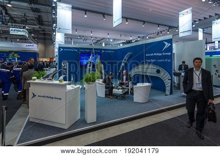 BERLIN GERMANY - JUNE 01 2016: The stand of Aircraft Philipp Group. Exhibition ILA Berlin Air Show 2016.