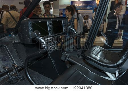 BERLIN GERMANY - JUNE 01 2016: Cockpit of light helicopter Bell 505 Jet Ranger X. Exhibition ILA Berlin Air Show 2016.