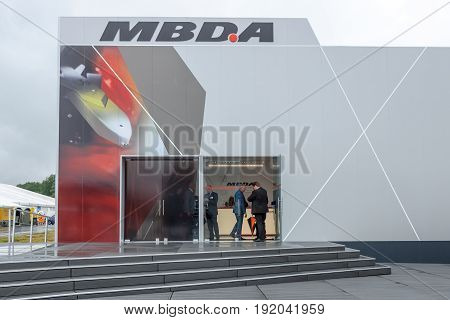 BERLIN GERMANY - JUNE 01 2016: Pavilion of the European developer and manufacturer of missile systems - MBDA. Exhibition ILA Berlin Air Show 2016.