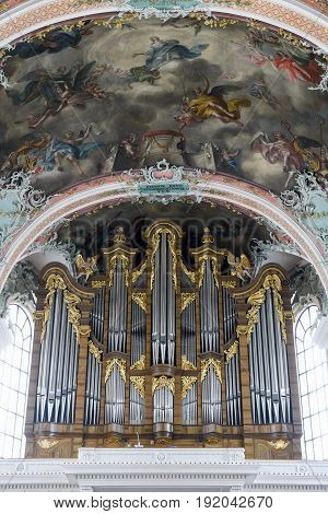 St. Gallen Switzerland - 23 November 2016: Organ of the Abbey at St. Gallen on Switzerland Unesco world heritage