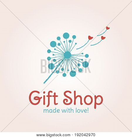 Vector logo template for gift shop or design of banners. Illustration of handwritten dandelion with flying heart-shaped fuzz in mint and red colors. Can be used for design of greeting cards for Valentine's day or for print on T-shirt. EPS10.