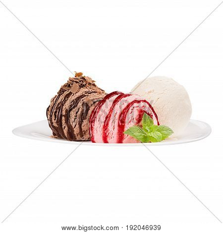 Ice cream scoops - white pink brown - group on plate decorated strips sauce mint leaves isolated on white background.