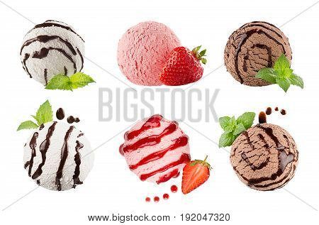 Ice cream scoops collection of six balls decorated striped chocolate sauce mint leaves slice strawberry. Isolated on white background. Template for menu.