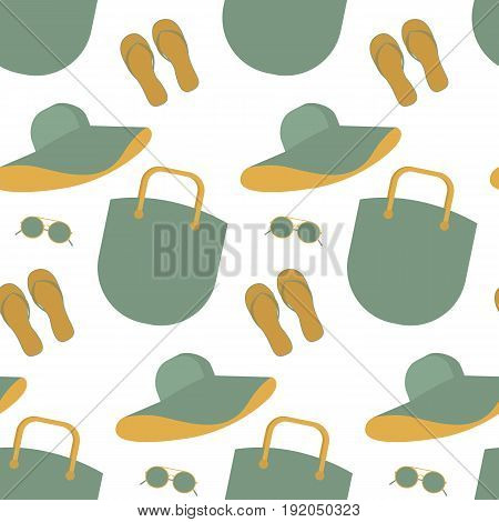 Seamless pattern with summer hat bag sungiasses flip-flops. Set for a summer walk. Summer shoes. Summer things for the beach. Comfortable things for summer holidays. Summer accessories.