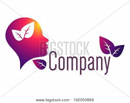 Modern head logo of Psychology. Profile Human. Creative style. Logotype in vector. Design concept. Brand company. Violet red color isolated on white background. Symbol for web, print, card. Leaves