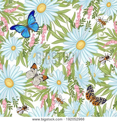 Floral seamless pattern with butterflies and bees in realistic botanical style.  Stock line vector illustration. On white background.