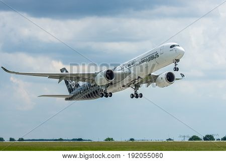 BERLIN GERMANY - JUNE 02 2016: Demonstration flight Airbus A350 XWB. Exhibition ILA Berlin Air Show 2016