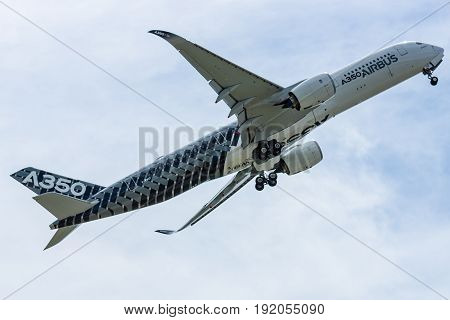 BERLIN GERMANY - JUNE 02 2016: Demonstration flight Airbus A350 XWB. Exhibition ILA Berlin Air Show 2016
