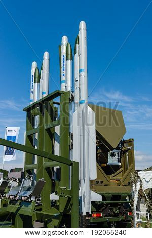 BERLIN GERMANY - JUNE 02 2016: Rockets of the launching missile station IRIS-T SLS of the company Diehl Defence. Close-up. Exhibition ILA Berlin Air Show 2016