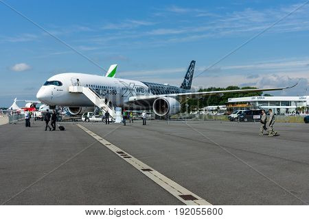 BERLIN GERMANY - JUNE 02 2016: The newest Airbus A350-900 XWB at the airfield. Exhibition ILA Berlin Air Show 2016