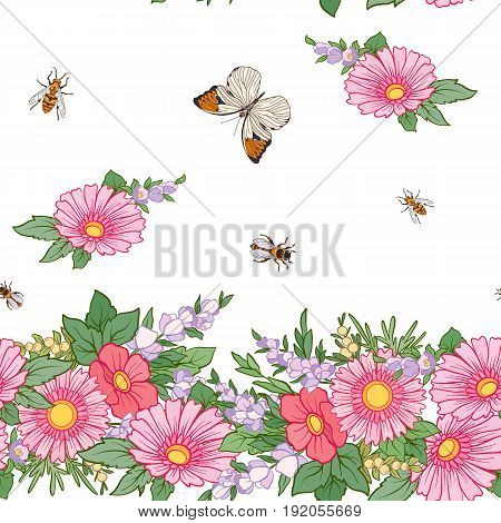 Floral seamless pattern with butterflies and bees in realistic botanical style.  Stock line vector illustration. On white background.