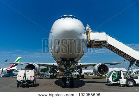 BERLIN GERMANY - JUNE 02 2016: The newest Airbus A350-900 XWB at the airfield. Exhibition ILA Berlin Air Show 2016