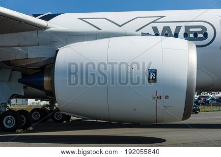 BERLIN GERMANY - JUNE 01 2016: Turbofan engine of the newest airplane Airbus A350-900 XWB. Exhibition ILA Berlin Air Show 2016