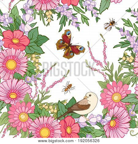 Floral seamless pattern with butterflies and bees and birds in realistic botanical style.  Stock line vector illustration. On white background.