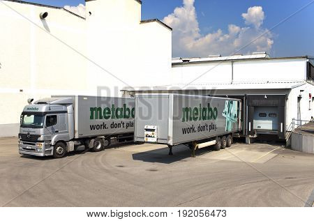 GERMANY - May 30 2012: The cargo truck unloads at Metabo plant