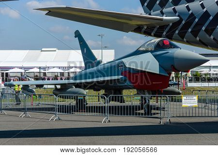 BERLIN GERMANY - JUNE 03 2016: The multirole fighter Eurofighter Typhoon. German Air Force. Exhibition ILA Berlin Air Show 2016
