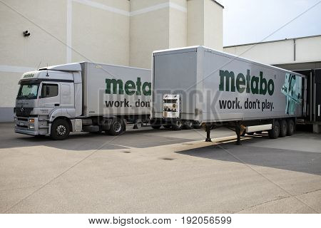 GERMANY - May 30 2012: The cargo truck unloads at Metabo plant