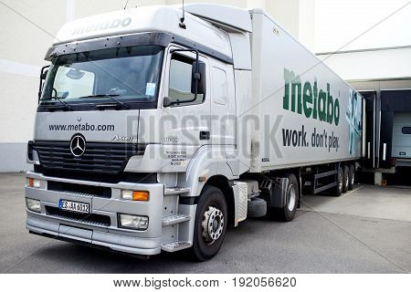 GERMANY - May 30 2012: The cargo truck unloads at Metabo plant
