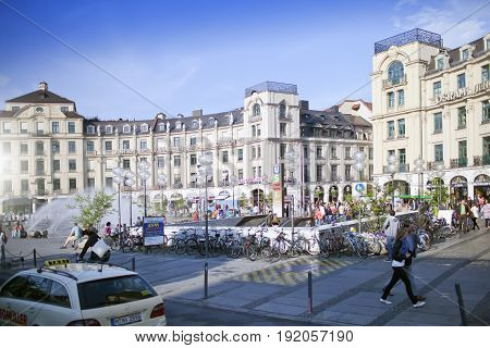Munich Germany - May 29 2012: Karlsplatz (Stachus) square and Karlstor gate in Munich Germany.